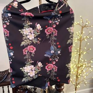 Ted Baker black silk floral skirt with chic scallop at hem